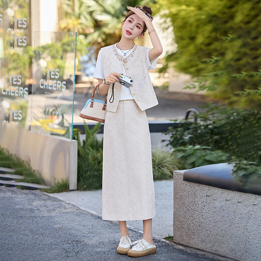 罗蒙时尚钉珠气质套装连衣裙女2025夏季新款休闲显瘦马甲半身裙三件套 米色 L
