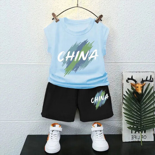 G.DUCKKIDS童装男童套装夏装纯棉无袖儿童背心夏季薄款炸街中大童短裤两件套 热售白色背心T1049+黑短裤T1049 90 cm 建议身高90CM以下