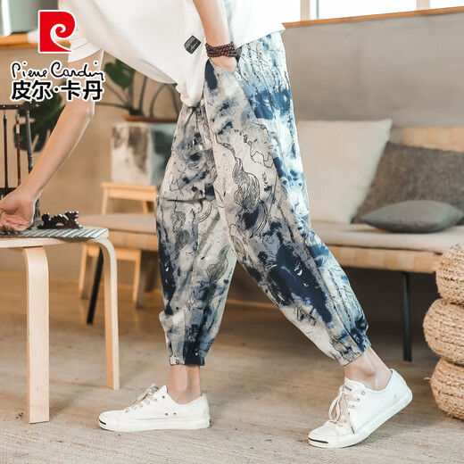 皮尔卡丹（pierre cardin）棉麻国潮时尚百搭2025新款阔腿裤男萝卜裤宽松休闲民族风束脚裤子 咖啡色 M