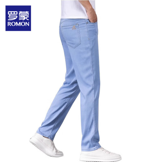 
Romon high-end light blue ice silk jeans men's summer thin tensile straight men's pants new summer pants men's casual light blue 9767 38