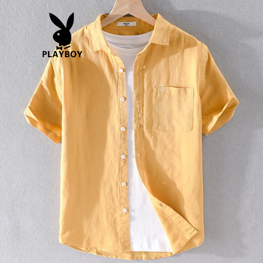 
Playboy (PLAYBOY) men's high-end linen shirt summer trendy brand thin cotton linen top men's casual short-sleeved T-shirt summer clothes yunyi-9711 blue L