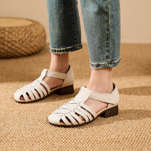 
Locking Pure Cowhide Summer New Roman Sandals for Women's Retro Literary Style Baotou Thick Heel Genuine Leather Mary Zhen Outing Sandals 1278 Beige 35