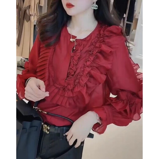 Commandant Bear 9857 Big Aimei Yiyuan 2025 AUTOMNE NOUVEAU COULE ROND PLAIS PLAISE CHIRT LONG TOP TOP TOP RED Shirt Red Shirt M