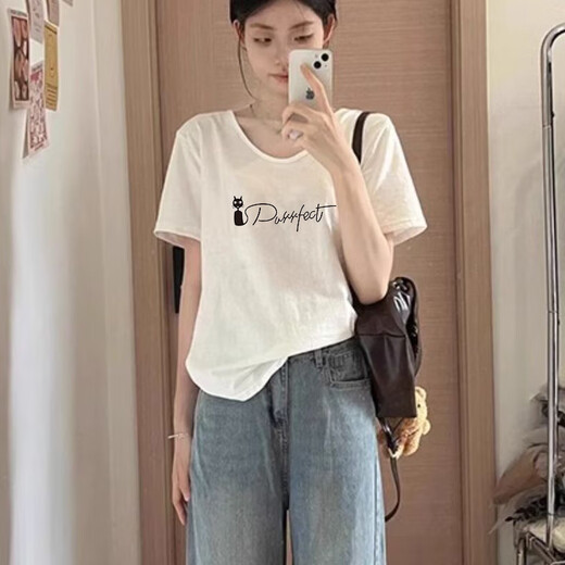 Qinji bamboo joint cotton T-shirt for women short-sleeved bamboo joint cotton short-sleeved T-shirt for women white V-neck top for summer thin loose lazy and complex 6191 white [bamboo joint cotton V-neck] S recommended 80-100Jin [Jin equals 0.5 kg] All size
