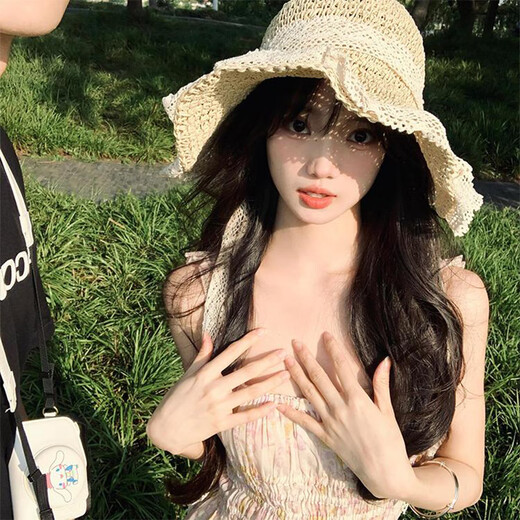 Memaru straw hat French summer straw hat women's summer sun protection hat beach beach photography hat new lace sun hat off white (bow)
