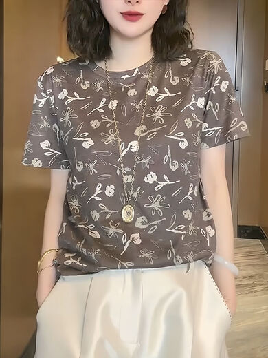 
DRYWORLD European products 2025 summer new short-sleeved T-shirt for women fashion loose casual and versatile temperament floral round neck top big red [Trendy and elegant 1049 brown] M