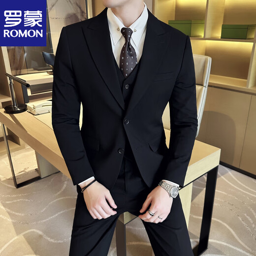 ROMON wide collar peak lapel suit business formal three-piece suit double slit wedding groom suit men's slim dark gray suit + vest + trousers two buttons L