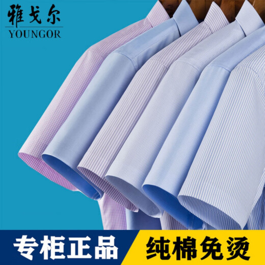 雅戈尔男士短袖衬衫商务休闲职业正装棉免烫纯色白衬衣 DX6626 蓝格子 38