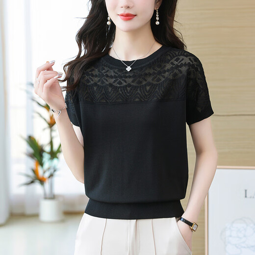 Gemila Thin Ice Seide Kurzärärmelte T-Shirt für Frauen junger Mutter Sommer Hollow 2025 Neues Bauch-Mesh-Top Beige (9201 Modell) S 100jin [Jin entspricht 0,5 kg]