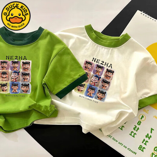 G.Duckkids Nezha Vêtements pour enfants Vêtements pour enfants Summer Coton Coton Pure Cartoon Children's Boys and Girls Sheeve New Round Neck Top T-shirt 673 Green [9 Grille Nezha] 110