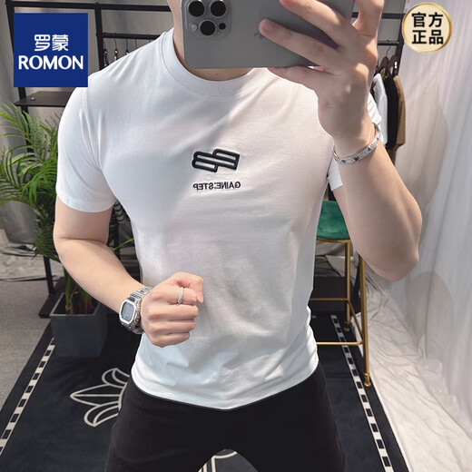 ROMON European station 2025 new embroidered cotton short-sleeved T-shirt men's summer letter-printed slim-fitting top Brown DF9905 L Recommended 110-130 Jin Jin equals 0.5 kg