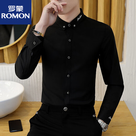 Romon Men's Light Luxury Borded Business Camiseta de manga larga Ropa informal y de pulgada de manga larga de manga larga Slim y Anti-Wrinkle