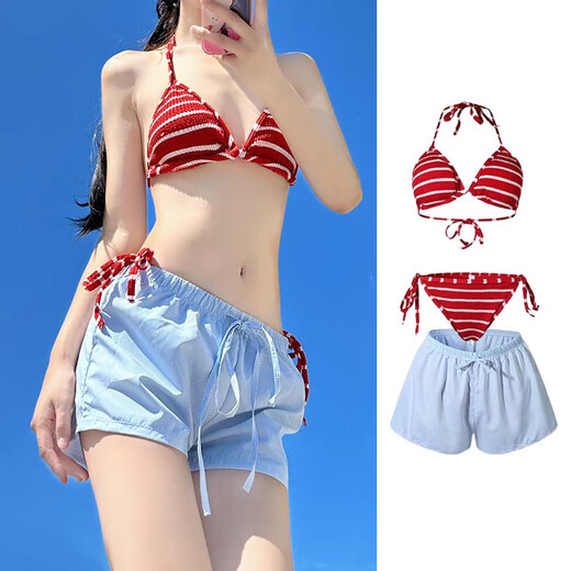 Lekali Bikini Swimsuit Hot Spring Women's Underwear Super Nude Sexy Extremely Tempting Three-Point Beach Vacation Women's Adult With Blue Shorts 80-120Jin Jin is equal to 0.5 kg