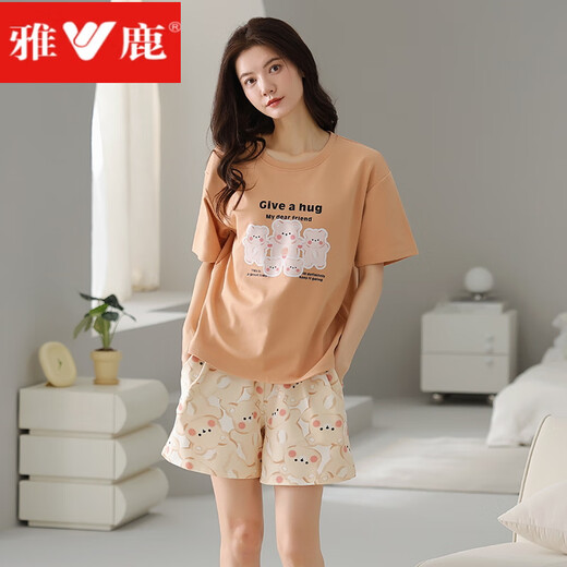 雅鹿睡衣女款棉质短袖短裤可外穿2025年新款棉家居服套装 9856纯棉 M 建议80-100斤穿