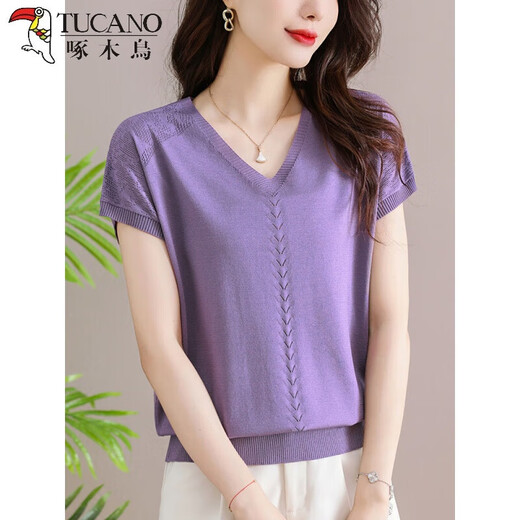 TUCANO; Woodpecker thin ice silk sweater for women 2025 new summer middle-aged mother summer short-sleeved T-shirt for women V-neck fashion shirt thin black thin S [suggested 85-100Jin [Jin equals 0.5 kg]]