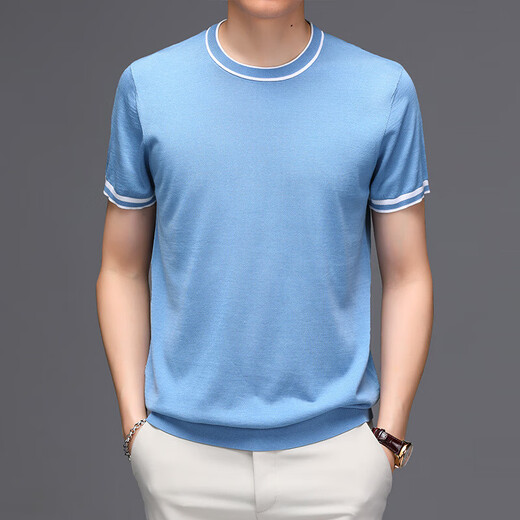 NEWMder Kurzärärmelte-Shirt für Männer 2025 Sommer neu gestrickter Sweater Mode vielseitig rundes Hals lässig halbärmelig oberste Männer High-End-hellblau (Fleckgeschwindigkeit) m [100-120jin [Jin entspricht 0,5 kg]]