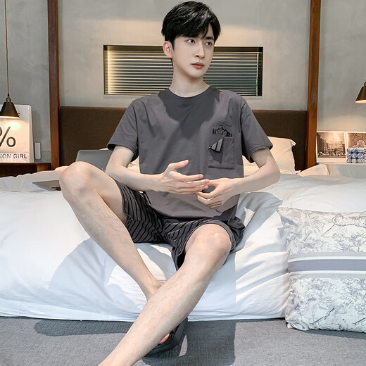 胖东来【商场同款】夏季男士短袖睡衣薄款棉质休闲加大码青少年家居服男宽松套装夏天 D9928 L 男
