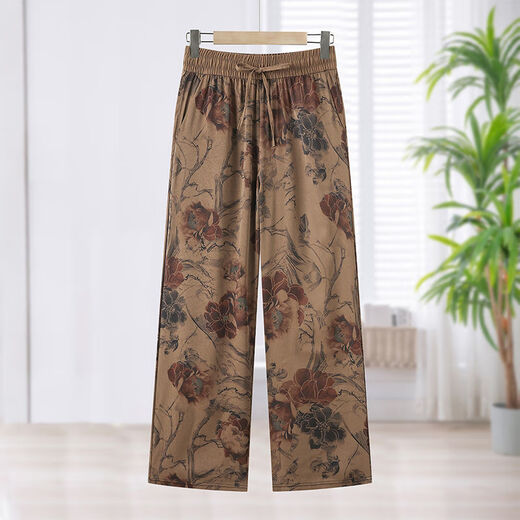 WEWE summer thin elastic waist satin printed straight pants G middle-aged mother's fashionable and versatile slim and breathable casual pants Peony [authentic 9898] 6XL Recommended 160-170Jin [Jin equals 0.5 kg]