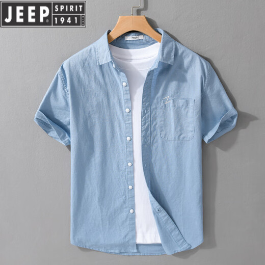JEEP SPIRIT男士亚麻翻领短袖T恤宽松衬衫领上衣服有带领T棉麻料T恤麻布夏装 9711蓝色 颜色偏深。 L