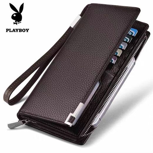 Playboy men's wallet long mobile phone bag genuine leather texture large capacity card wallet business new zipper clutch black lychee pattern edging 11 card positions