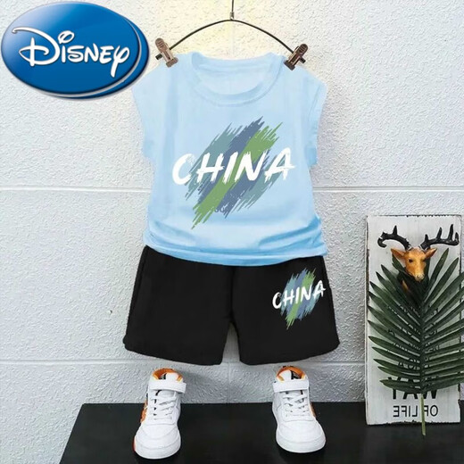 迪士尼（Disney）男童纯棉无袖坎肩背心套装外穿夏季薄款炸街中大童短裤两件 白色背心T1049+黑短裤T1049 90 cm建议身高CM以b