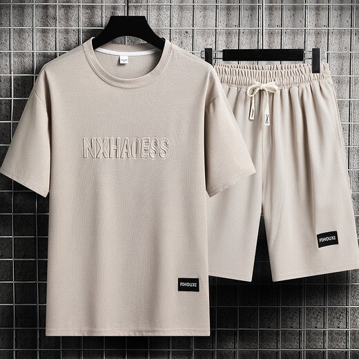 Nasawassup men's summer suit youth short-sleeved T-shirt thin ice silk two-piece casual sportswear five-point shorts suit-TZ829 khaki top + pants M recommended 90-110Jin Jin equals 0.5 kg