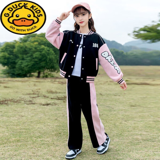G.DuckKids Girls Baseball Costume printemps 2025 Nouveau style collégial Style Mid-Garning Children's Fashionable Spring and Automne Sportswear Two-Piece Set BQ1396 Black Two-Piece Set 150 taille recommandée environ 140