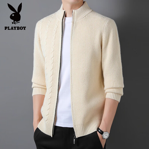 花花公子（PLAYBOY）开衫毛衣男士立领毛线衣秋季新款潮牌休闲针织衫外套男 A32305米白 M 【90-110斤】