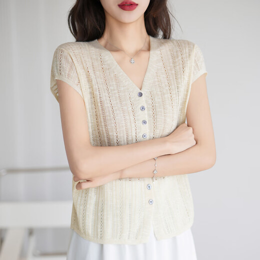 Touchmiss Strick-Strickjacke für Frauen 2025 Sommer neuer eleganter Stil hohl Himmel und ärmelloses gestricktes Top für Frauen Chick Yellow S (105jin [Jin gleich 0,5 kg] oder weniger)