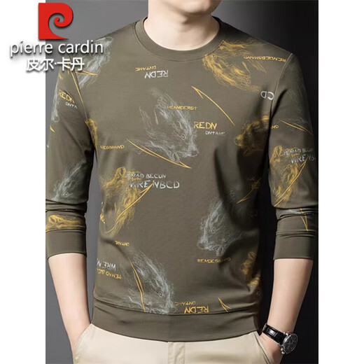 Pierre Cardin high-end pure cotton long-sleeved T-shirt men's floral sweatshirt young and middle-aged slim round neck pullover jacquard European and Korean version men's fashion 6616 red brown XL 175 recommended 138-150Jin Jin equals 0.5 kg