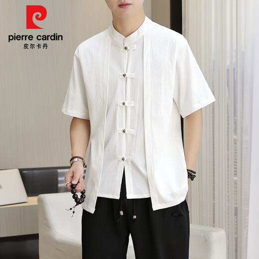 皮尔卡丹（pierre cardin）中国风短袖T恤套装男假两件国潮盘扣绣花棉麻两件一套新中式立领t 9885白色【上衣+裤子】 长袖款 M 110斤内