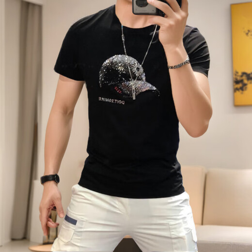 
GIOCP Hong Kong trendy brand summer new mercerized cotton hat ironing diamond short sleeve internet celebrity personality trendy slim half-sleeved T-shirt men orange 733 hat 4XL