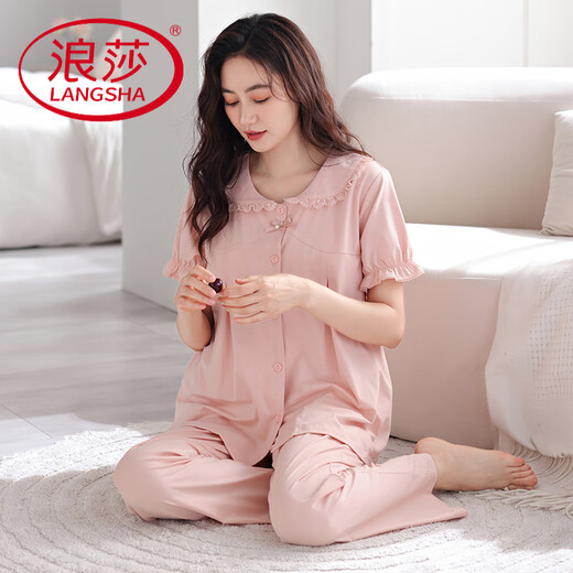 LangSha pajamas (LangSha) women's pure cotton sweet age-reducing with chest pads and feels temperament loose short-sleeved trousers princess style home clothes 694 shrimp powder (with chest pads) M [Suggested 90-110Jin [Jin equals 0.5 kg]]