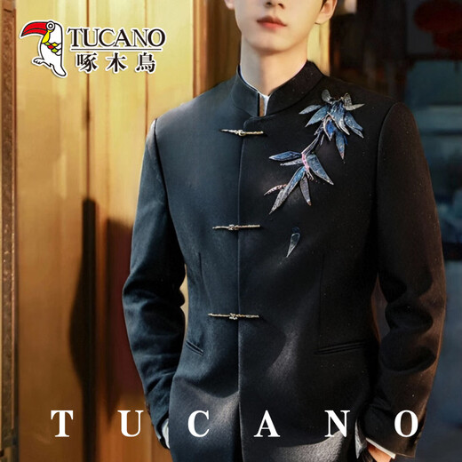 Woodpecker New Chinese Style Xiuhe Suit Men's National Style Bamboo Leaf Black Mao Suit Groom Engagement Wedding Dress Tang Suit Black Two-piece Set Jacket + Pants M (125-140Jin Jin equals 0.5kg)