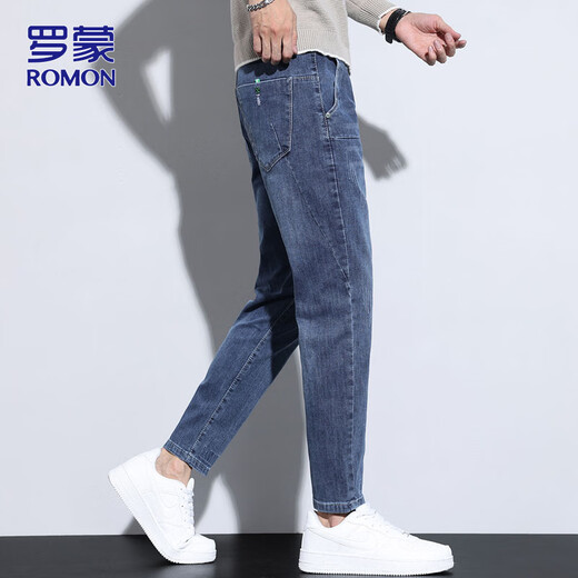 罗蒙（ROMON）牛仔裤男秋冬季休闲裤男士修身小脚百搭九分裤子男裤 蓝灰色 32
