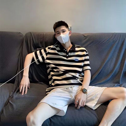 Mai Chaoshang Polo-Hemd gestreiftes Nischendesign Sinn für Hongkong-Stil Kurzärärmelte Männer Sommer vielseitig Mode T-Shirt Lose Top Yaoye Black Polo Shirt A897 M Vorschlag 90-100jin [Jin gleich 0,5 kg]