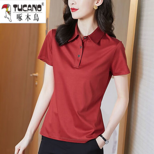 Woodpecker Pure Cotton 2025 NUEVA Camiseta de verano Camiseta de solapa de manga corta para mujeres Versátil de moda de estilo coreano LED Mujeres 1048# Negro 2xl recomendado 120-140Jin [Jin iguala 0.5 kg]