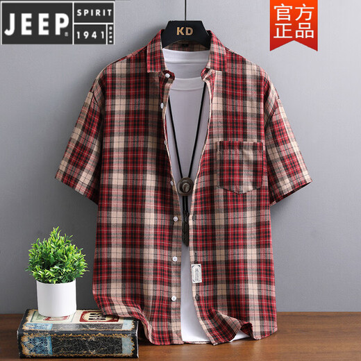 Jeep Spirit Red Paid Short à manches à manches à manches hommes Men Summer Casual American Boys Summer Malf-Maleved Work Shirt Veste 6042S Red Plaid + 6172S Red Plaid L