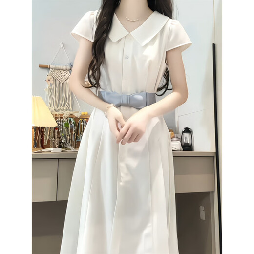 Cotton French giant beautiful shirt dress for women in summer 2025 new small temperament with waist-pinching waist to make them look slim and long skirt. White shirt dress L Recommended 105-120Jin [Jin equals 0.5 kg]