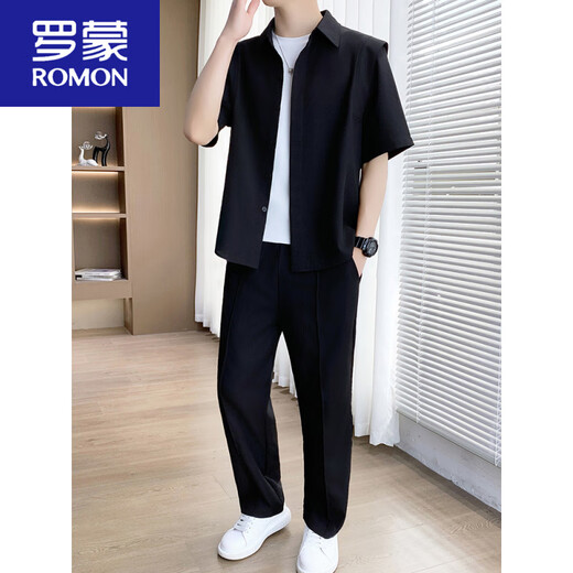 
ROMON ice silk half-sleeved shirt suit men's 2025 summer thin casual top trousers men's light-climbed style two-piece set 736 red two-piece set XL suitable for 130-145Jin [Jin equals 0.5 kg]