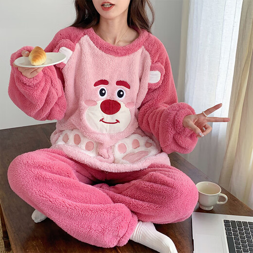 Slim and Chia Coral Velvet Pajamas for women in spring, autumn and winter thickened warm sweet and cute flannel student home clothes set cartoon 3271 Blue Rabbit M