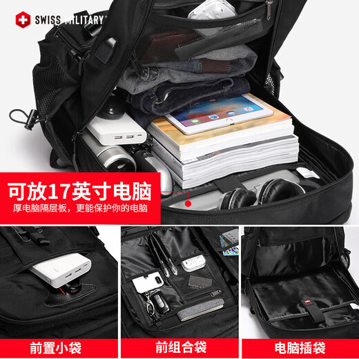 SWISSMILITARY瑞士军刀双肩包男通勤电脑背包大容量旅游户外登山包出差旅行书包 黑色80L（有鞋仓）LOGO版
