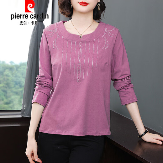 T-shirt à manches longues en coton en coton pour les femmes, chemise de base de l'âge lâche et à la mode 2025 chemise de base de graisse d'âge moyen, vêtements d'automne, usure extérieure, Taro Sweet Purple 693 m, recommandé 90-105 Jin [Jin est égal à 0,5 kg]