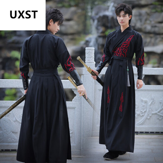 Uxst Original Hanfu Herrenkleidung Chinesischer Chinesischer Altstil Kampfkunst Schwertkämpfer Kostüm Herren -Schüler Männer -Gelehrte und Wissenschaftler der alten Kostümkleidung 825 Schwarzer Anzug + Armband L.
