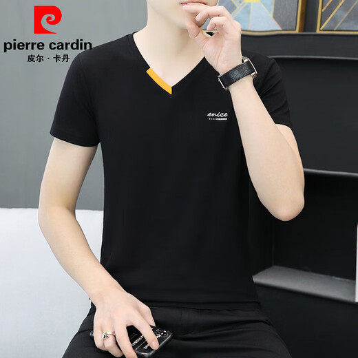 皮尔卡丹（pierre cardin）夏装新款高档纯色纯棉男短袖潮牌t恤打底衫V领体恤潮流半袖上衣服 白色qy691 M 90-100斤