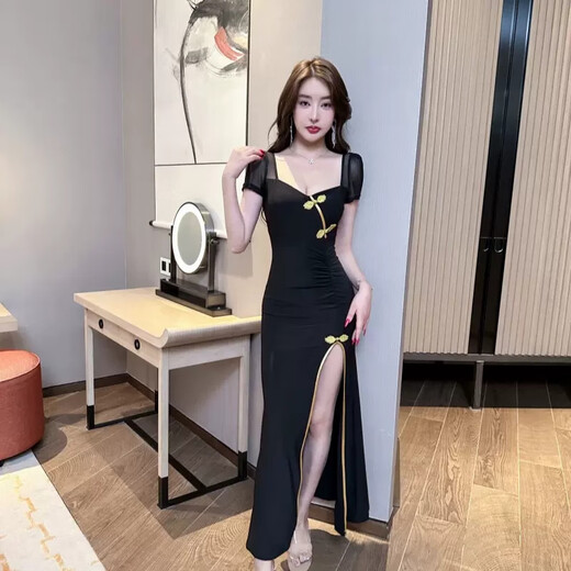 Boensa (BOENSA) dress dinner dress sexy evening dress women sauna foot bath massage SPA technician nightclub work clothes long skirt KTV night black M