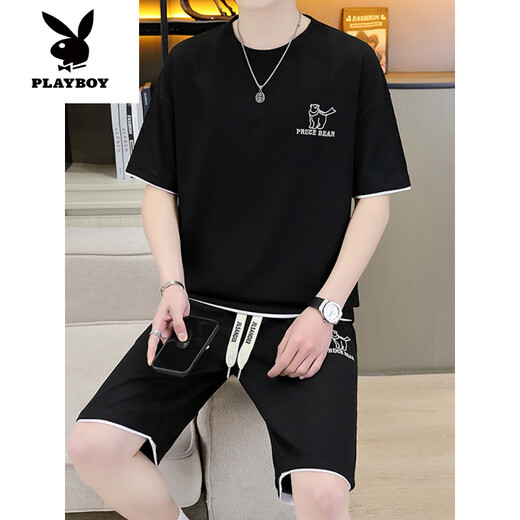花花公子（PLAYBOY）高端休闲运动套装男士夏季短袖短裤搭配透气T恤男款夏款青少年 【套装】6182白色 M (建议95-115斤)
