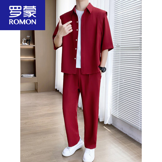 
ROMON ice silk half-sleeved shirt suit men's 2025 summer thin casual top trousers men's light-climbed style two-piece set 736 red two-piece set XL suitable for 130-145Jin [Jin equals 0.5 kg]