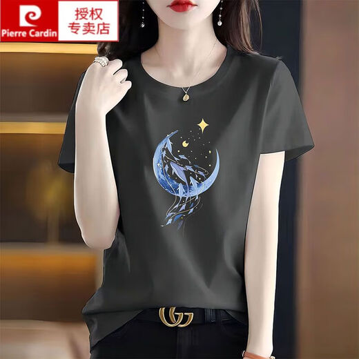 Pierre cardin pure cotton hiding blue high-end short-sleeved T-shirt for women loose round neck fashionable age-reducing T-shirt summer 2025 new top 6161 navy blue + 6172 leather powder M (recommended 80-105 Jin [Jin equals 0.5 kg])