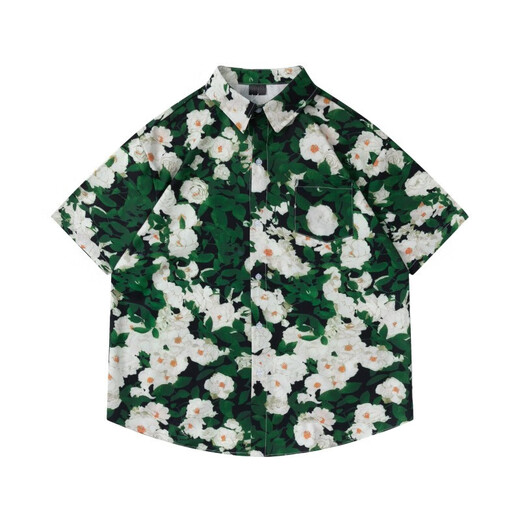 Jiangong flower shirt men's Hawaiian casual Hong Kong style men's floral shirt short-sleeved shirt summer loose beach vacation jacket oil painting flower shirt丨green 2XL (recommended 170-180CM) loose version